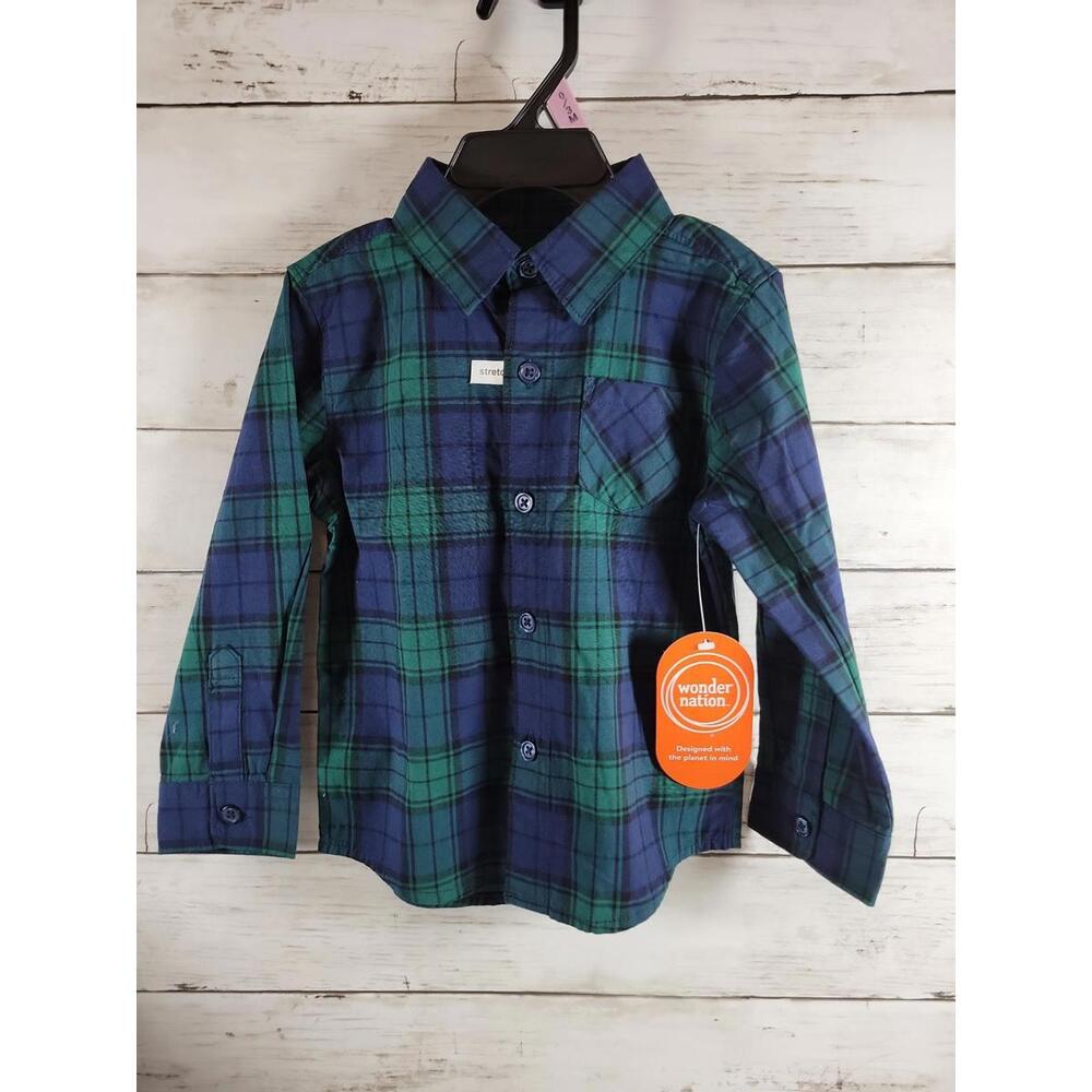 Wonder Nation Boys Button-Up Plaid Shirt Green/Blue 2T NEW Long Sleeve